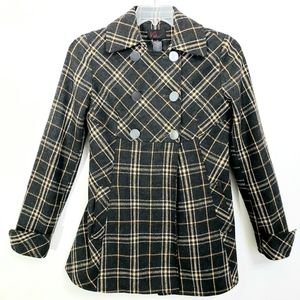 Via Charcoal Gray/Tan  Double-breasted Plaid Wool Blend Coat